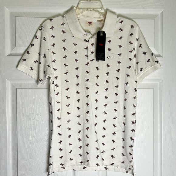 Levi's Cotton All Over Flamingo Print Chest Logo Polo Shirt Men S White/Pink NWT - Picture 3 of 9